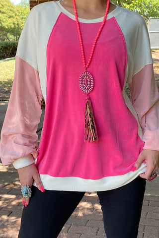 BQ13621C LONG SLEEVE PINK & WHITE TOP