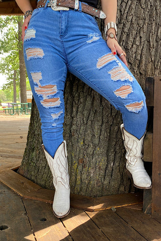 J521 Blue denim distressed women skinny jeans