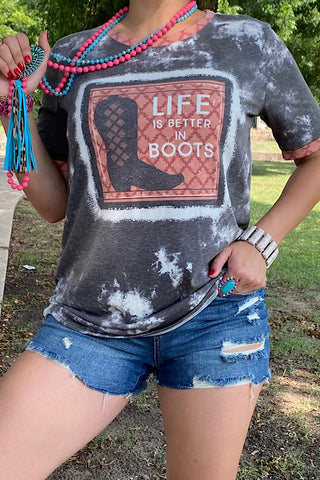 DLH12283 LIFE IS BETTER IN BOOTS Grey graphic t-shirt