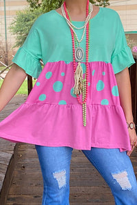 BQ13513 Mint tri color block baby doll blouse w/ruffle sleeve