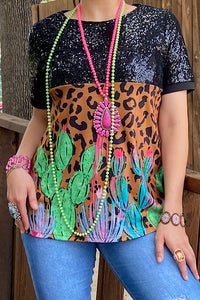XCH13094 Black sequin blouse w/cactus leopard print