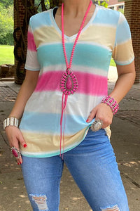 GJQ13214 Multi color block short sleeve top