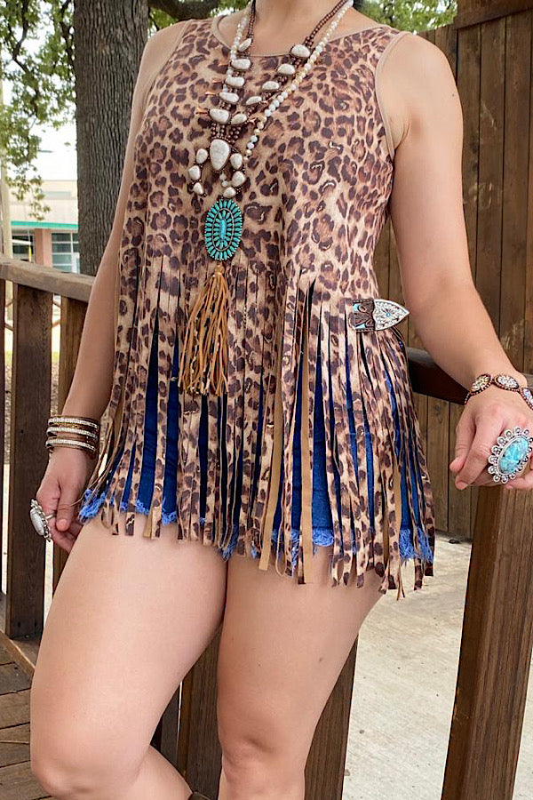 GJQ13325 Leopard tank top w/fringe tassels