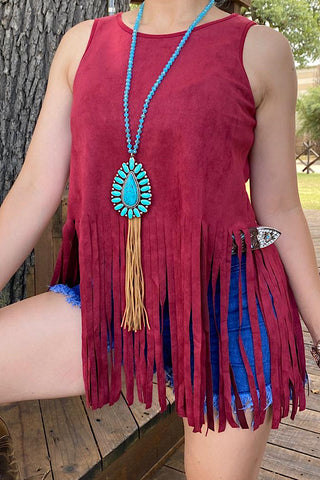 GJQ13295 Burgundy tank top w/fringe tassels