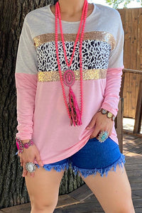 BQ13528S Pink & white color block leopard printed long sleeve top w/sequin detail