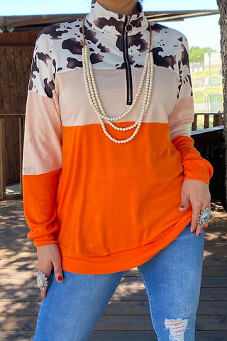 BQ13527 Orange & Cow color block zipper pullover top