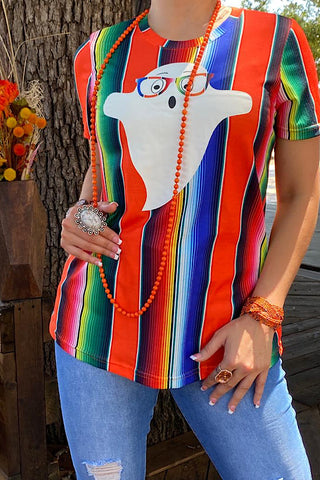 DLH10144 Serape cute ghost w/glasses printed short sleeve top