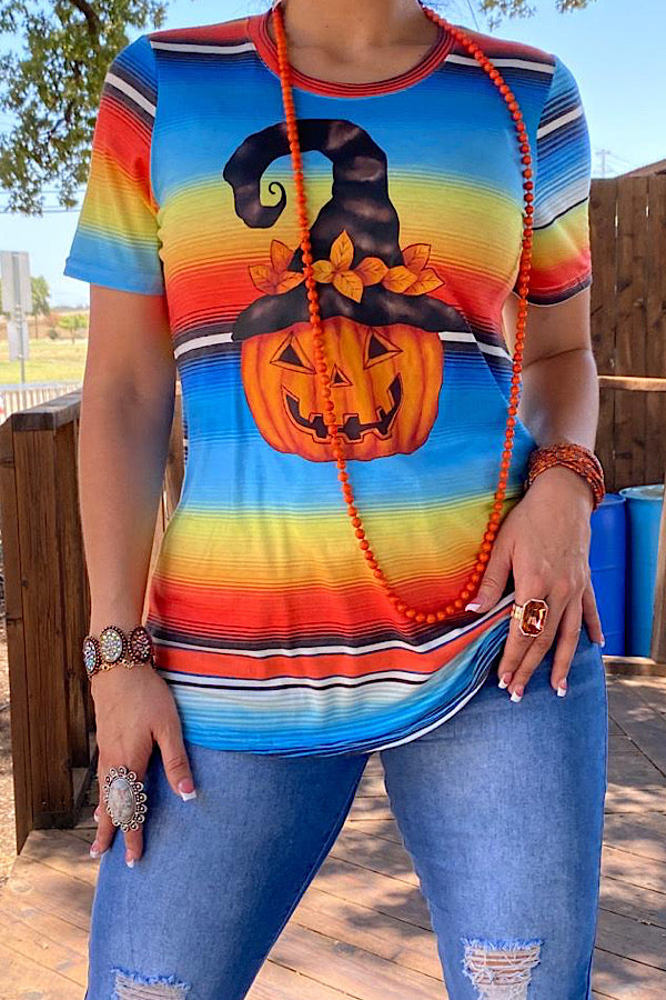 DLH9961 Serape Halloween pumpkin printed t-shirt