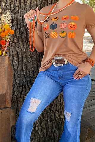 DLH9747 Rust multi pumpkin printed t-shirt