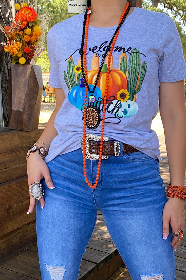 DLH9480 Welcome to our pumpkin patch printed graphic top