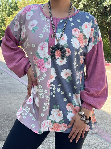 GJQ13711 HALF FLORAL,BUTTON FRONT, PINK LONG SLEEVE TOP