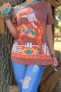 XCH13562 Cowboy riding horse printed top