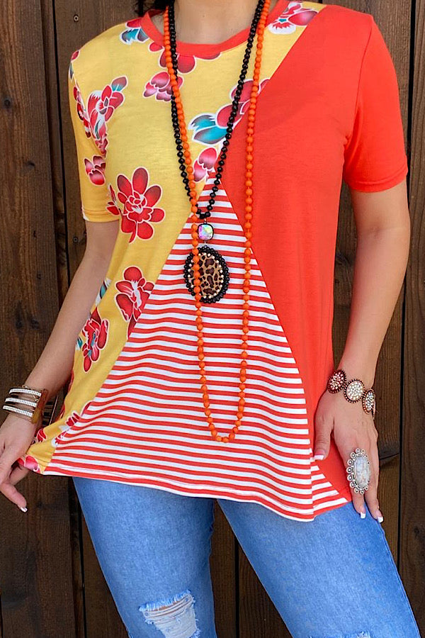 GJQ9394 Orange Floral/Striped short sleeve top