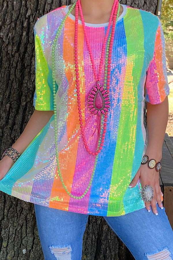 XCH13555 Multi color sequin short sleeve top