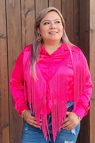 XCH13345 Pink button up long sleeve blouse w/fringe tassels