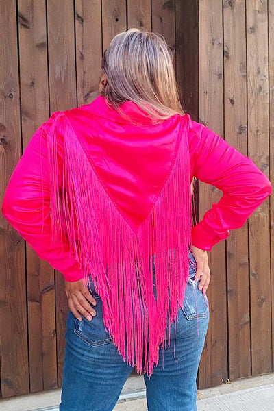 XCH13345 Pink button up long sleeve blouse w/fringe tassels