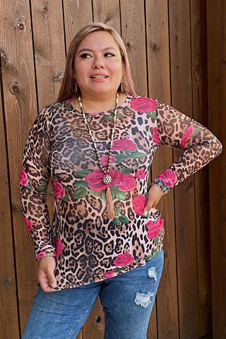 YMY13803 Leopard & floral printed mesh long sleeve top