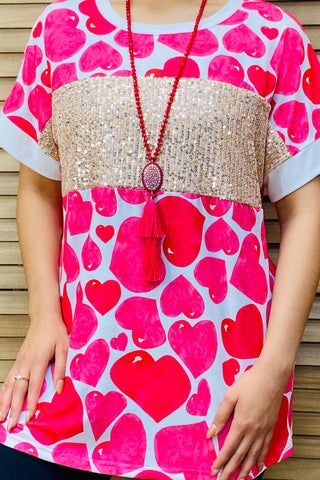 XCH14529 HEART PRINT TOP W/ GOLD SEQUIN