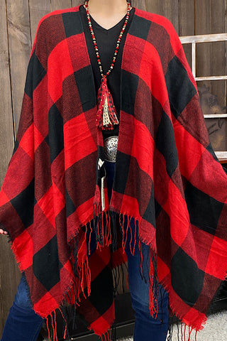 LW11405 Black & red Plaid shawl w tassels
