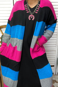 MY13392 Colorblock striped long style sweater cardigan w/pocket