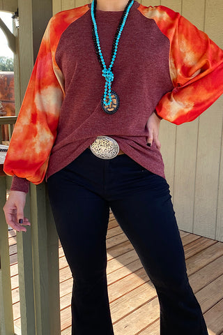 SP7924 Blouse w/orange tie dye bubble sleeves