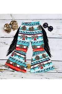 Multicolor Aztec print girls bell bottoms w/fringe