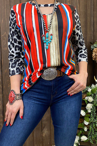 XCH10175 Serape/leopard printed 3/4 sleeve top w/key whole neckline