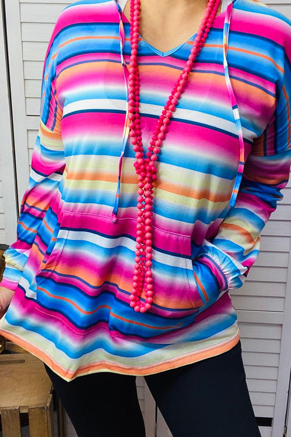 XCH10479 Multi color serape long sleeve hoodie top