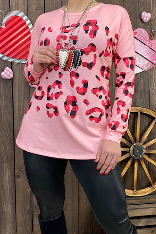 XCH10507 Pink leopard plaid printed long sleeve top