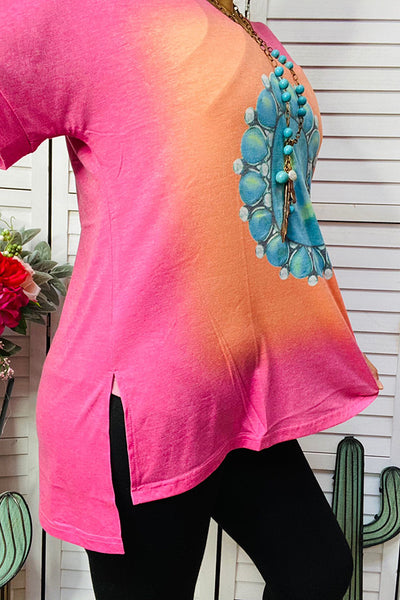 XCH10565 Pink & Orange t-shirt w/turquoise jewel print