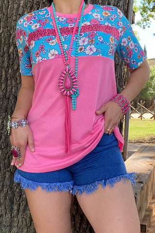 XCH11366-1 PINK floral printed top wsequin detail