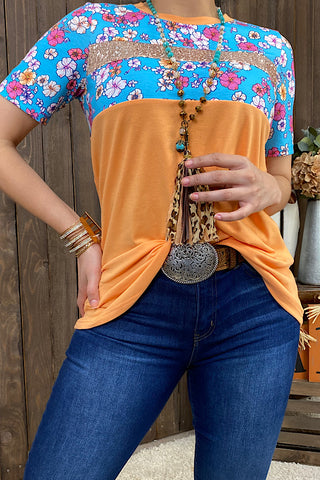 XCH11366 Orange/Blue floral printed top w/sequin detail