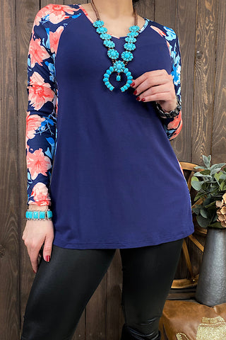 XCH11557 Navy blue floral printed long sleeve top