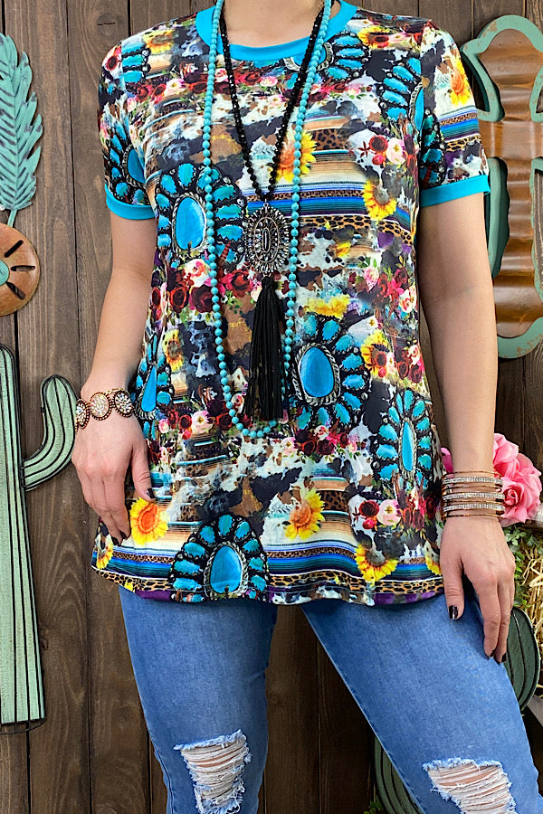 XCH11682 Turquoise jewel & multi print short sleeve top