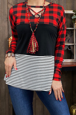 XCH11722 Buffalo plaid & striped color block long sleeve top w/criss cross neckline