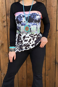 XCH11729 Black & cow printed color block long sleeve top