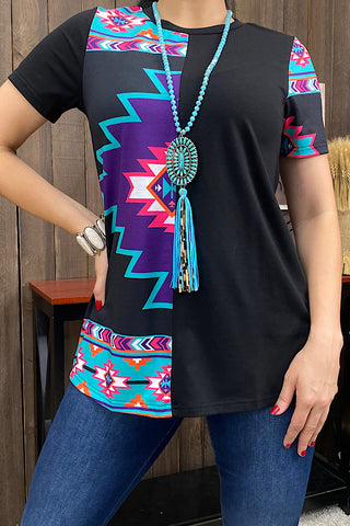 XCH11908 Black half multi color Aztec printed top