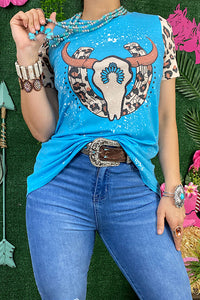 XCH11970  Blue horse shoe & bull skull leopard printed short sleeve t-shirt