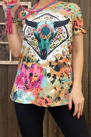 XCH11997 Multi color bull skull printed short sleeve t-shirt