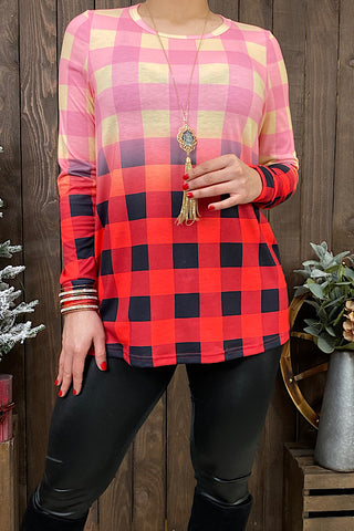 XCH12087 Buffalo plaid ombre long sleeve top