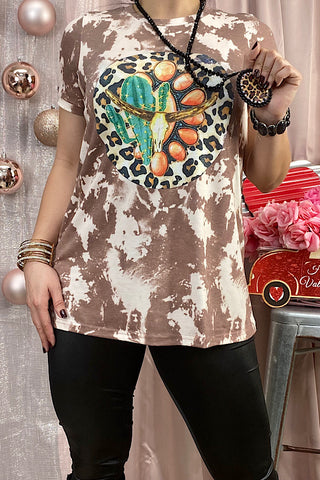 XCH12099 Bull skull jewel & leopard printed short sleeve top