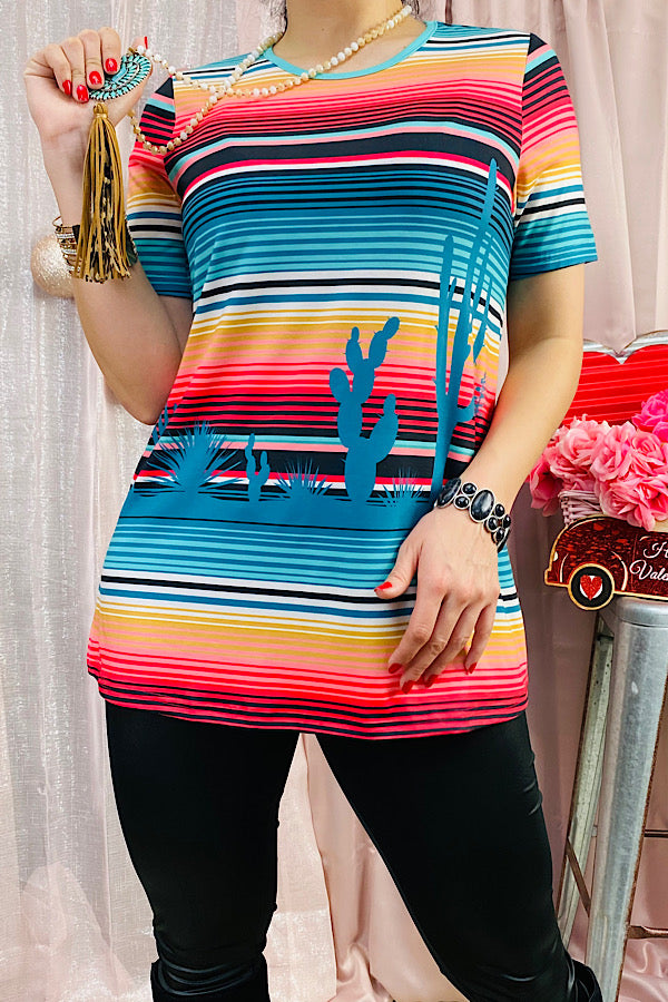 XCH12308 Multi color serape & cactus printed short sleeve top