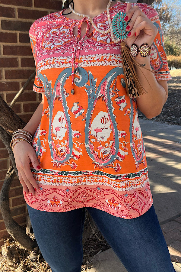 XCH12356 Orange paisley & floral printed short sleeve blouse