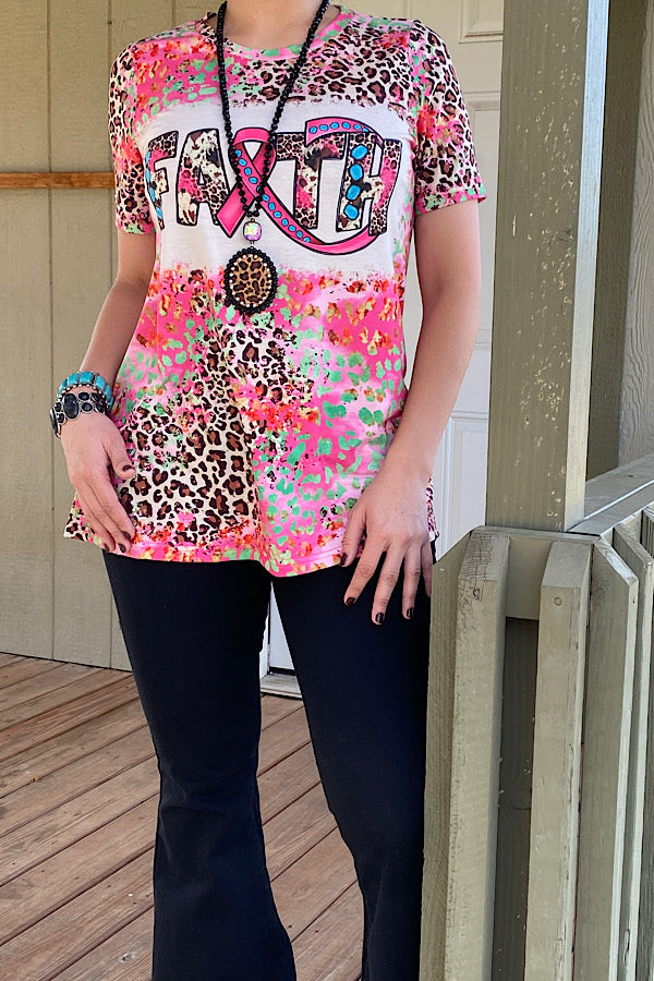 XCH12421 FAITH PINK RIBBON LEOPARD PRINTED SHORT SLEEVE T-SHIRT