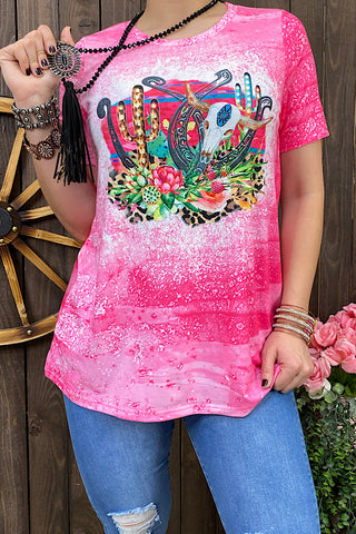 XCH12445 Pink horse shoe bull skull printed t-shirt