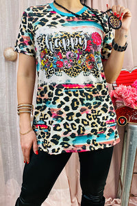 XCH12576 HAPPY EASTER Leopard printed short sleeve top