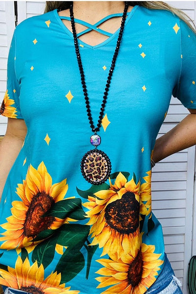 XCH13735 Sunflower/turquoise criss cross short sleeve top