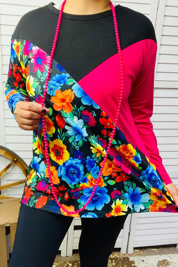 XCH13960 Floral printed,black,pink long sleeve top