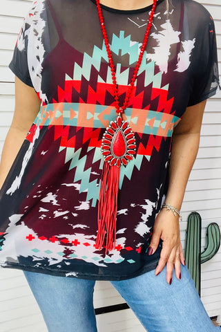 XCH14058 Aztec printed mesh short sleeve top