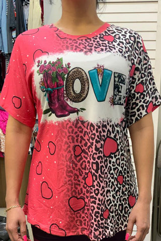 XCH14525 Boots & leopard & cow LOVE graphic hearts printed women top